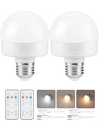 GOEBLESON Rechargeable Light Bulbs with Remote Control 2 Packs, Battery Operated Light Bulbs with Timer & 3 Color Temperature, Detachable Wireless LED Bulb for Lamp, E26 Base, Non-Hardwired, W01YBP206