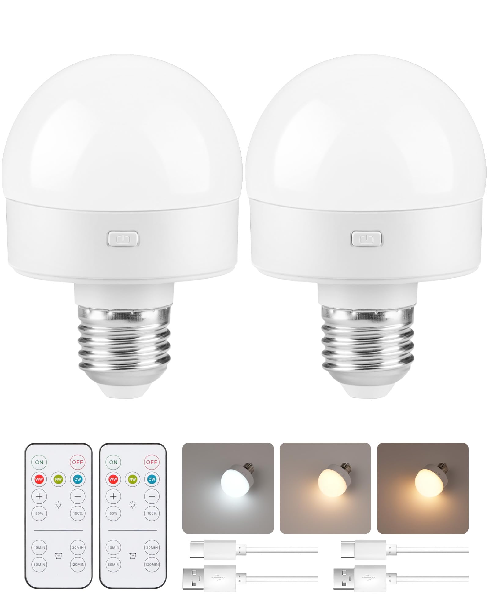GOEBLESON Rechargeable Light Bulbs with Remote Control 2 Packs, Battery Operated Light Bulbs with Timer & 3 Color Temperature, Detachable Wireless LED Bulb for Lamp, E26 Base, Non-Hardwired, W01YBP206