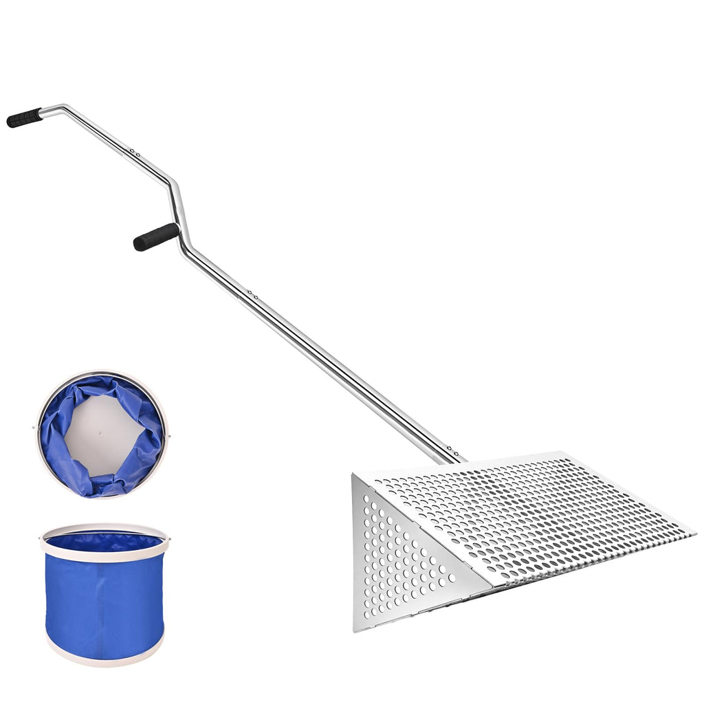 Sea Flea Rake for Beach - Premium 304 Stainless Steel Sand Sifter w 48'' Ergonomic Curved Long Handle, Beach Sifter w Large Basket w Curved Teeth, Sand Crab Catcher for Shark Teeth, Shells