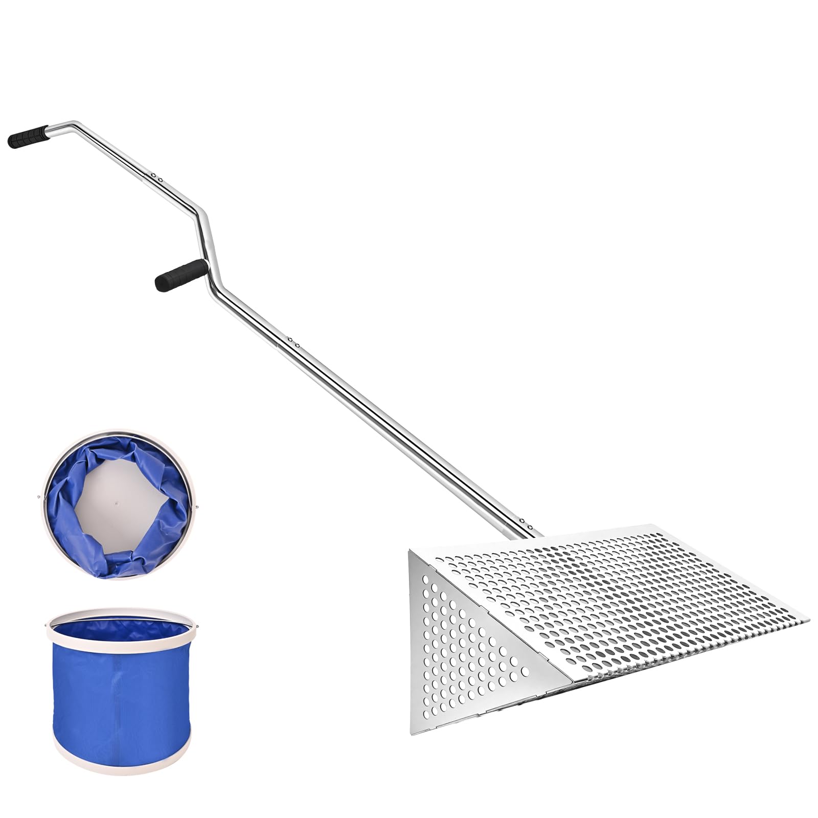 Sea Flea Rake for Beach - Premium 304 Stainless Steel Sand Sifter w 48'' Ergonomic Curved Long Handle, Beach Sifter w Large Basket w Curved Teeth, Sand Crab Catcher for Shark Teeth, Shells