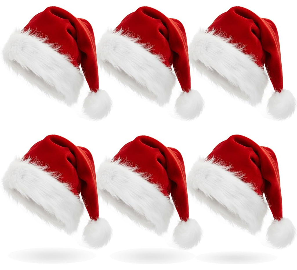 AOGU 6 Pack Plush Santa Hat Confortable Velvet Red Christmas Hat for Christmas Party Favors Fit for Adults and Kids