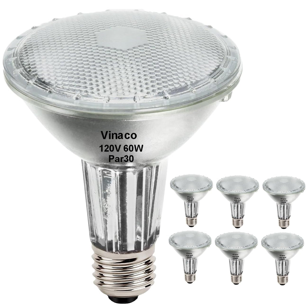 Vinaco PAR30 Long Neck 60W, 6 Pack Long Lasting PAR30 Halogen Flood Light Warm White 2800K, PAR30 Dimmable, High Output Flood Light Bulb 120V with E26 Base for Indoor/Outdoor