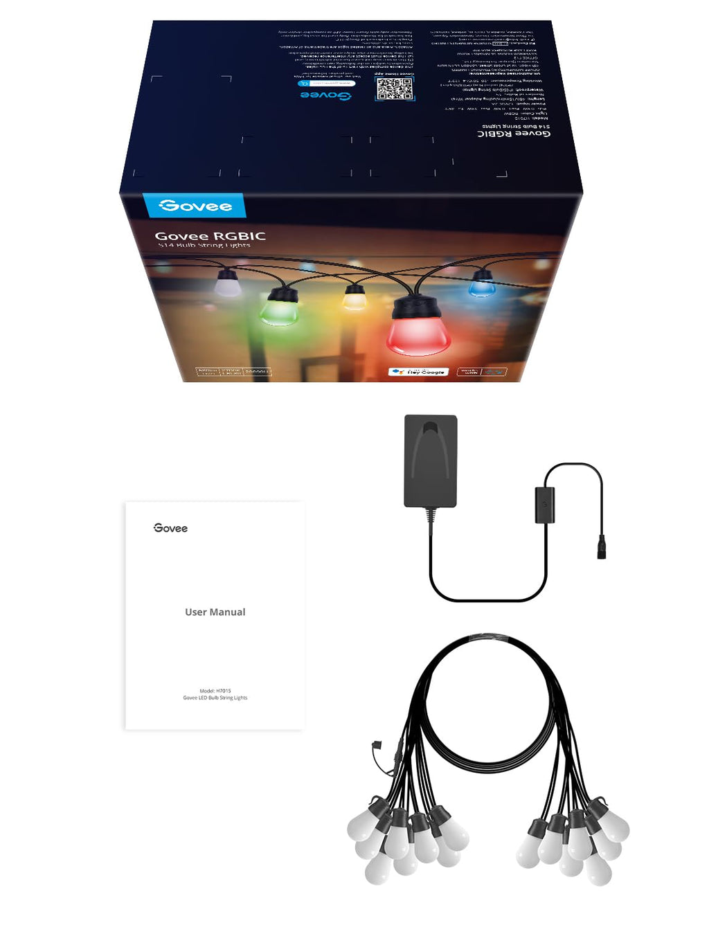 Govee Smart Outdoor String Lights H7015, 48ft RGBIC Outdoor Lights with 15 Dimmable LED Bulbs, IP65 Waterproof, Color Changing Warm White Lights with 47 Scene Modes for Patio, Backyard, App Control