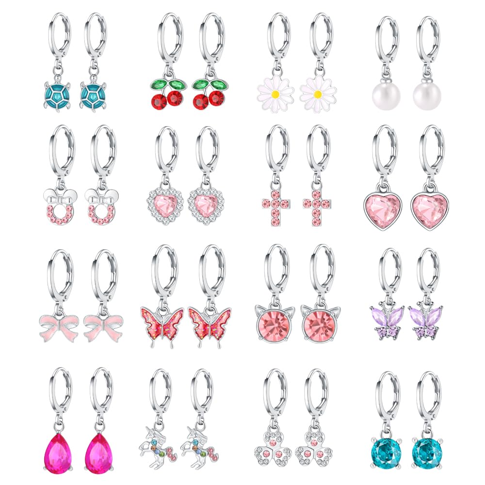 16 Pairs Hypoallergenic Silver Dangle Hoop Earrings for Girls Teens Kids Cute Girls Earrings Animal Small Hoop Earrings Set Pink Jewelry