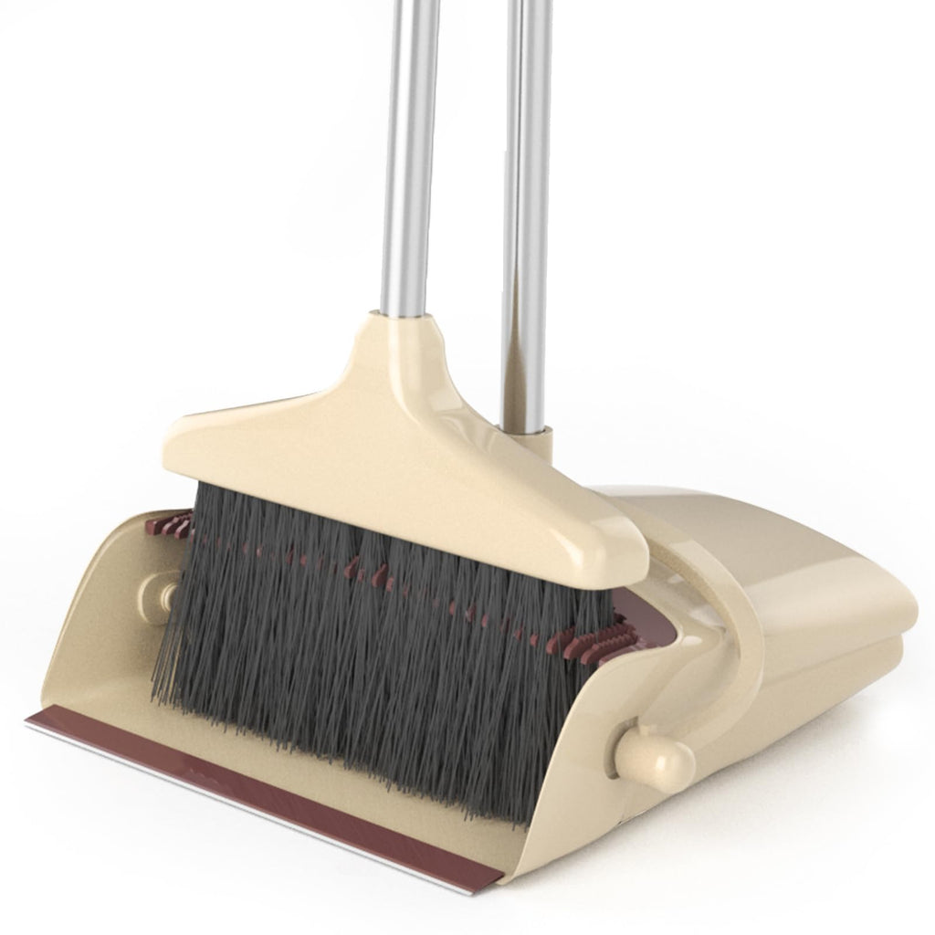 Broom and Dustpan Combo Set with Long Handle (54” L) Angle Broom Dust Pan for Home Kitchen Indoor Cleaning (Brown and Beige)