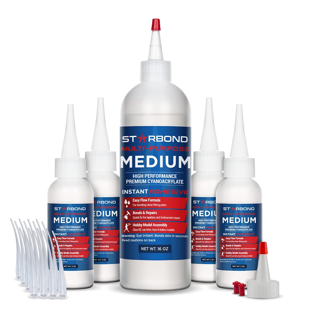 Starbond Medium CA Glue Complete Refill Kit (16 oz) – Cyanoacrylate Super Glue Refill System with Extra Bottles, Caps, Microtips & Yorker Spout for Woodworking, Carpentry, Quick Repairs & Hobby Builds