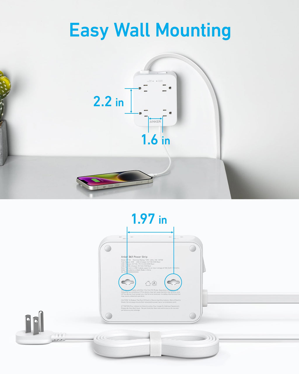 Anker Power Strip with 2000J Surge Protector, 5ft Outlet Extender, 20W, 8AC