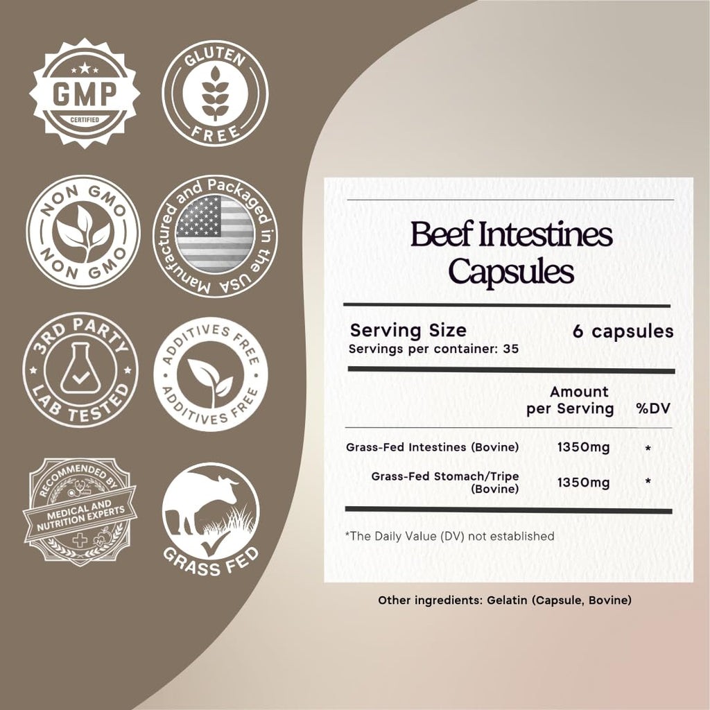 Zen Principle Grass Fed Beef Intestines with Stomach (Tripe) Supplement, Supports Digestive Health and Gut Balance, Supports Acid Reflux Balance, Natural Intestine Wellness, 210 Capsules