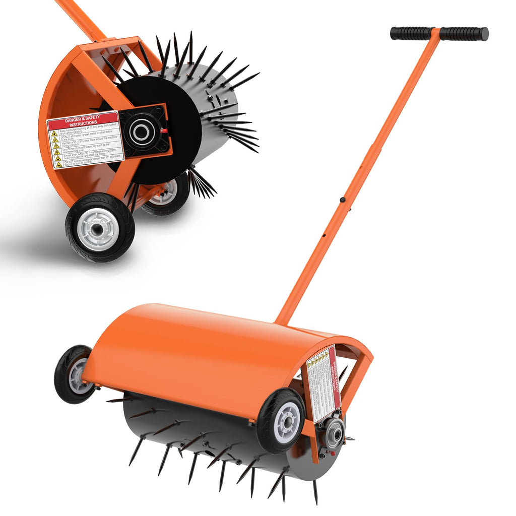 Hubiiett 24 Inch Rolling Lawn Aerator, Heavy Duty Manual Aerator Tool, Up to 70 lbs, Push Spike Aeration Tool with 42 Spikes, Suitable for Lawns, Garden, and Yard Grass Aeration [Orange]
