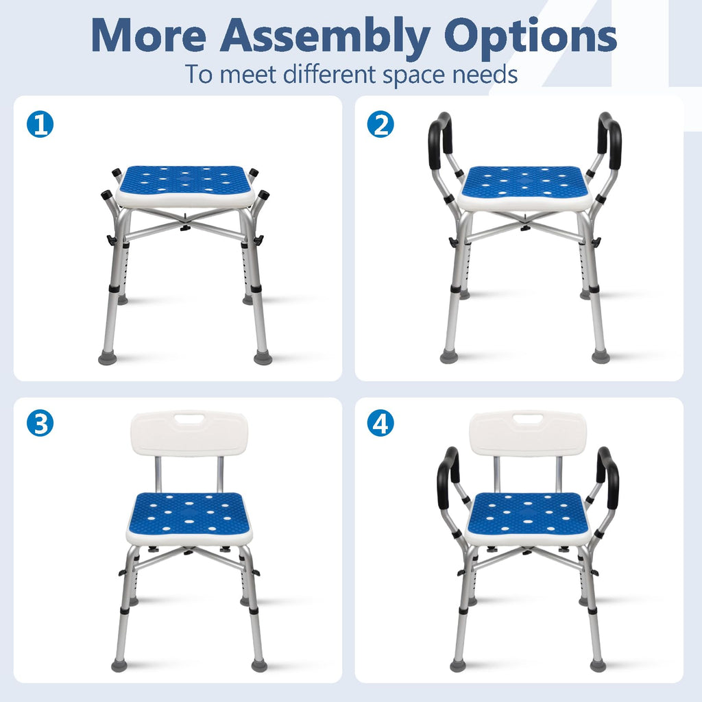 Upgrade Shower Chair for Elderly and Disabled: Non-Slip Silicon Pad Bariatric Shower Seat with Arms & Back, Height Adjust & Reinforced Crossbars, 500lbs Heavy Duty Shower Chair for Inside Shower