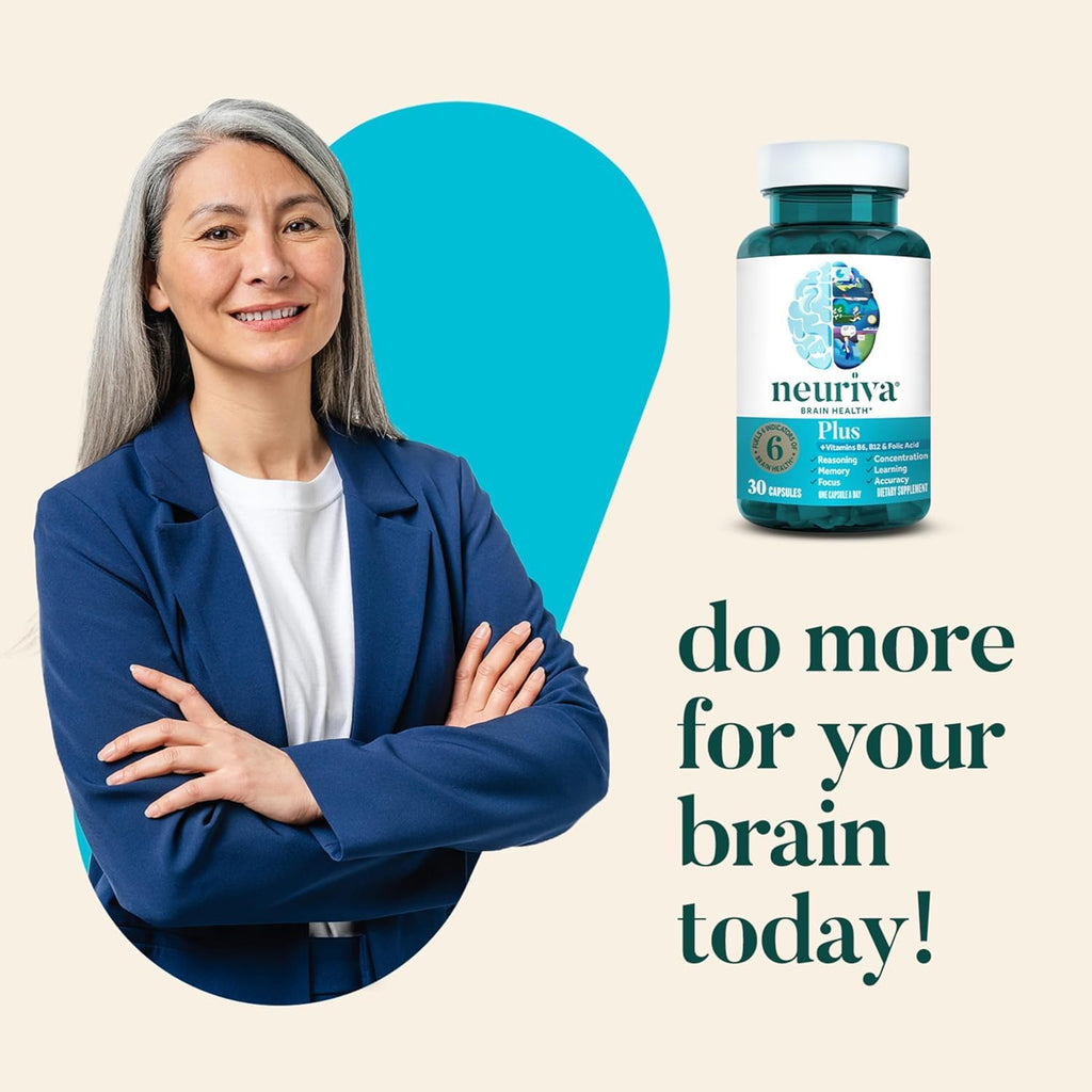 NEURIVA Plus Brain Supplement for Memory, Focus & Concentration + Cognitive Function with Clinically Tested Nootropics Phosphatidylserine and Neurofactor, VIT B6 & B12, 30 Count Capsules (2 Pack)