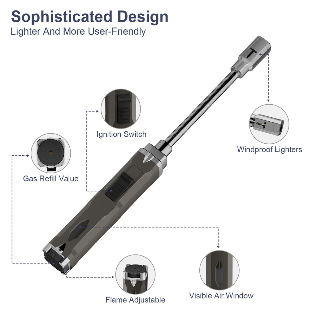 TONYFUL Butane Lighter Long Torch Lighter, Refillable Lighters with Visual Fuel Window, Adjustable Flame Windproof Lighter for Candle, Camping, Fireplace, BBQ(Fuel Not Included)