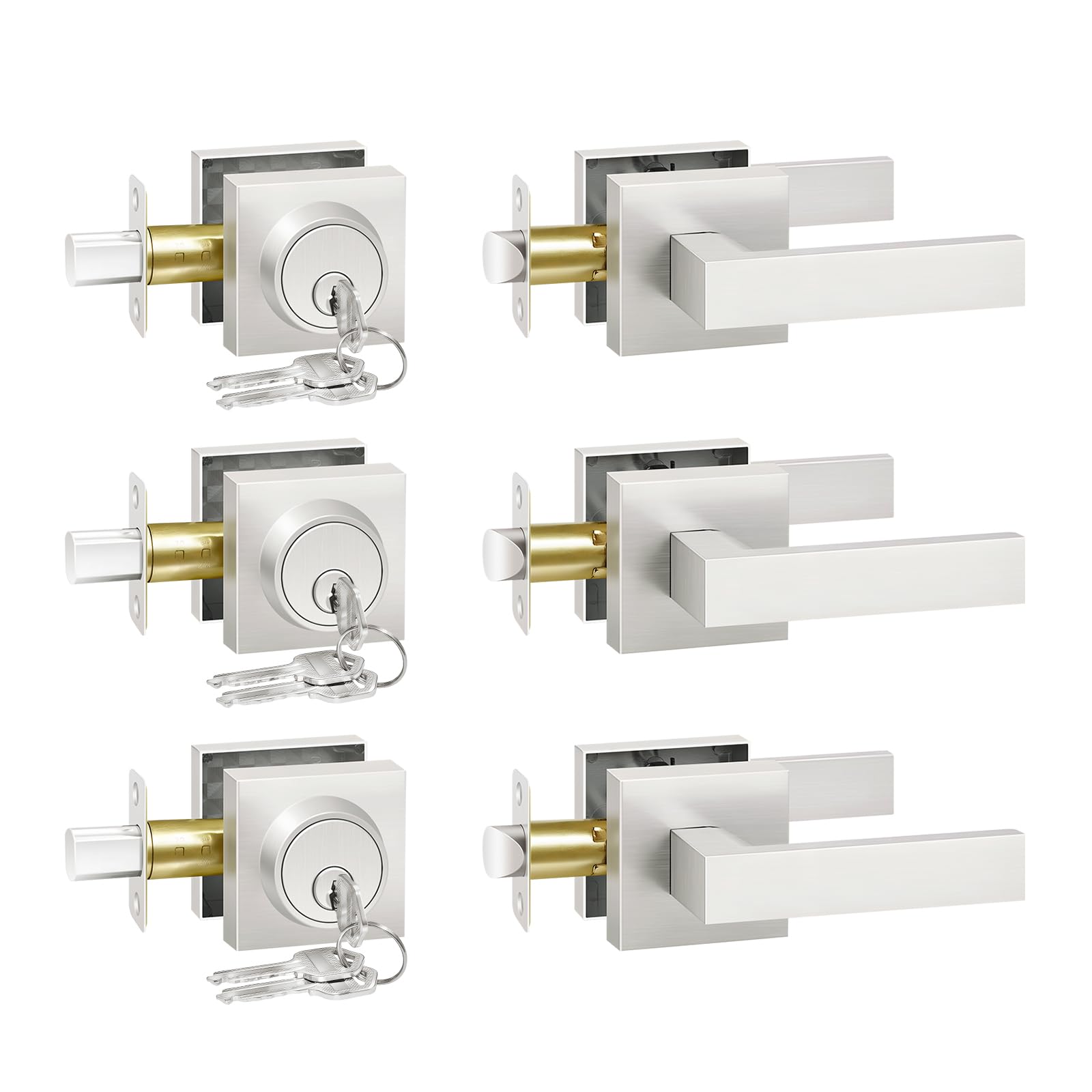 Camtek Front Door Lock Set with Deadbolt, Exterior Door Handle with Single Cylinder Deadbolt Lock, Flat Square Passage Brushed Nickel Door Locks for Front Door, 3 Pack (All Same Keyed Alike)