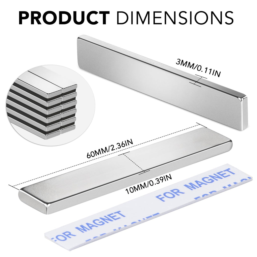 TRYMAG Strong Neodymium Magnets with Adhesive Backing, 12 Pack, 60x10x3 mm
