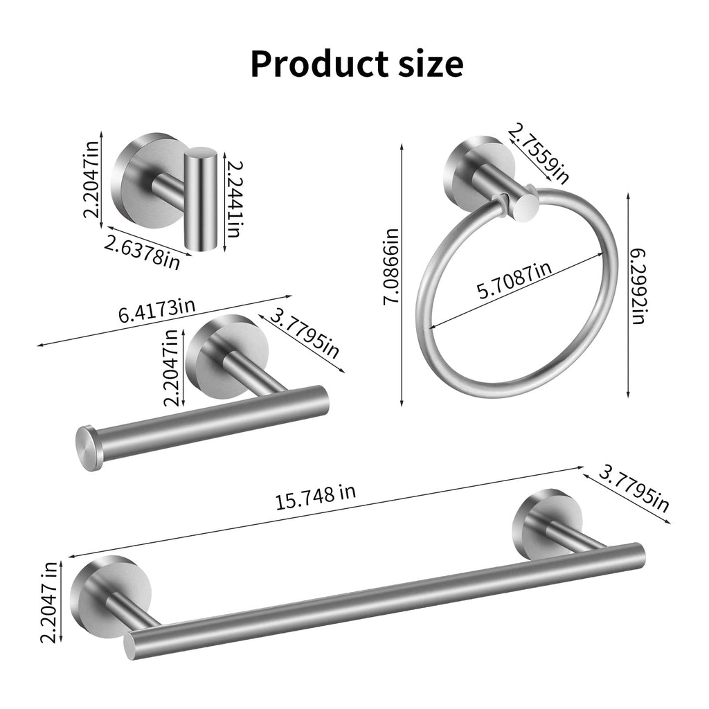 Hinmood Towel Bar Set Brushed Nickel, Bathroom Towel Ring Set 5pcs Including 2pcs 16'' Tower Bar, Towel Ring and 2 PCS Towel Hooks