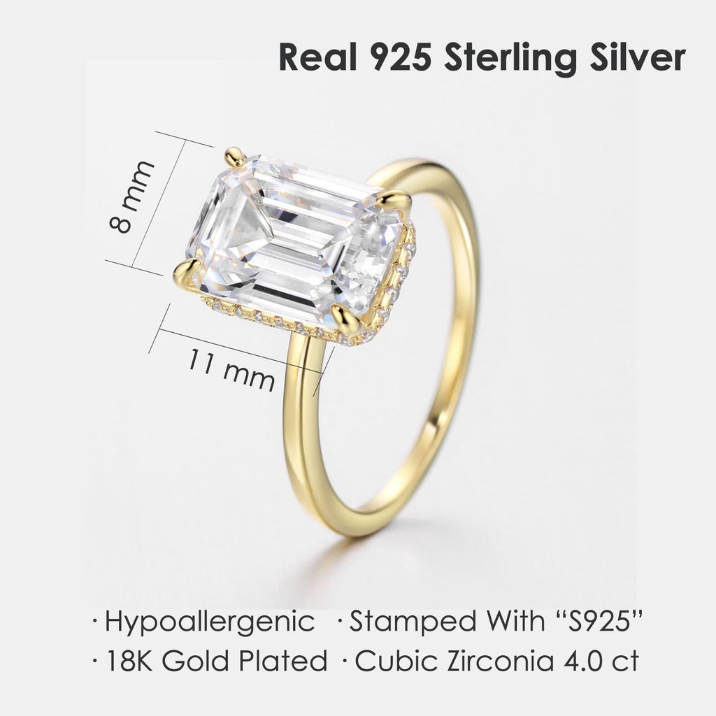 Michooyel 18K Gold Plated Emerald Cut 4ct Engagement Ring Cubic Zirconia Sterling Silver Women's Ring Wedding Ring Promise Ring