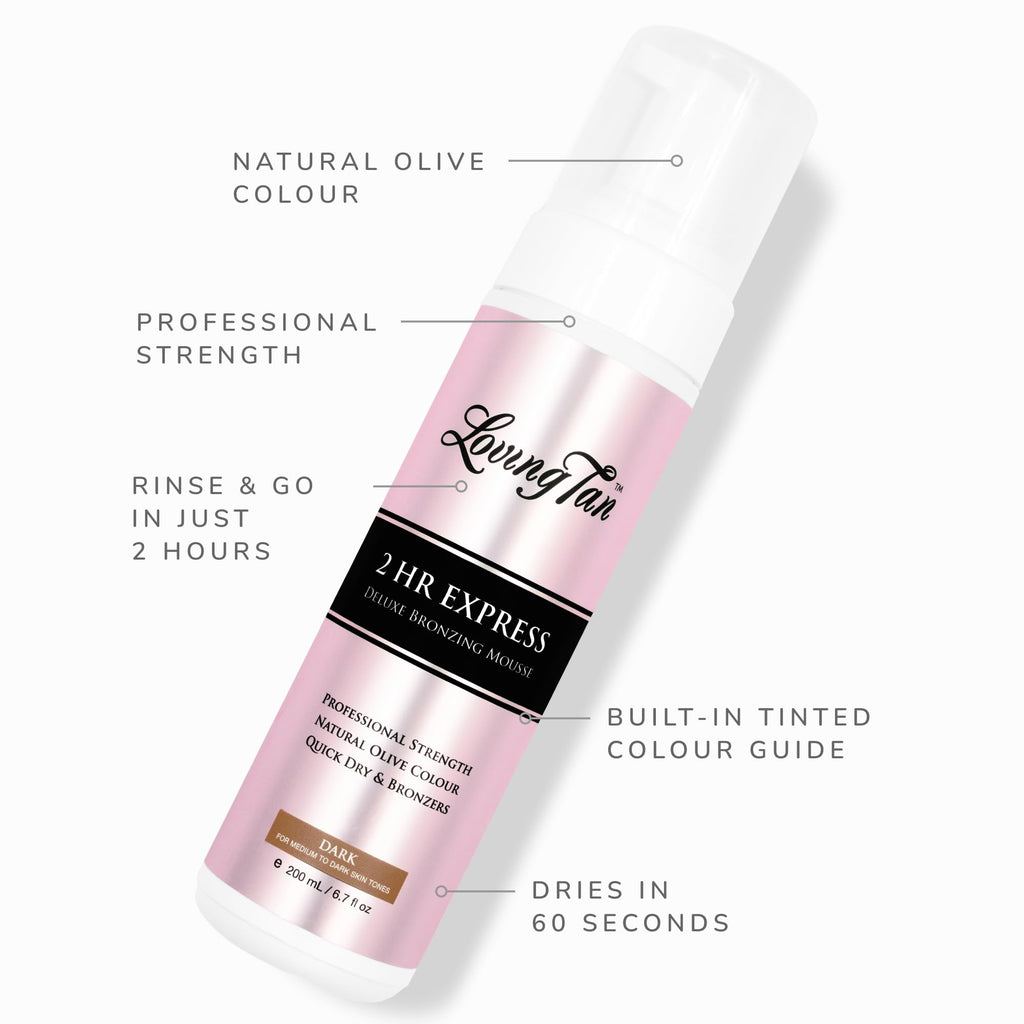 Loving Tan 2 HR Express Self Tanning Mousse, Dark - Streak Free, Natural, Professional Quality - 5+ Sunless Self Tanner Applications per Bottle, Cruelty Free, Naturally Derived DHA - 6.7 FL Oz