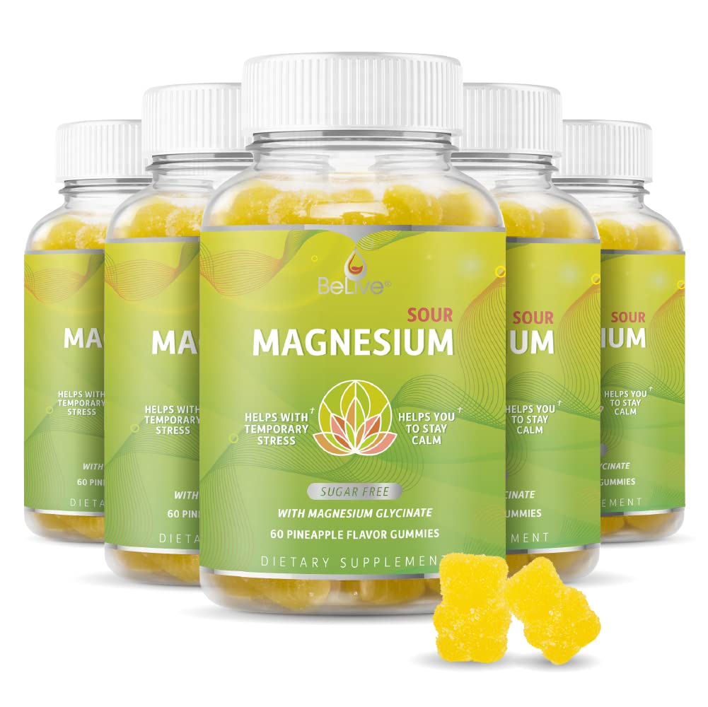 BeLive Magnesium Glycinate Gummies 200 mg - Sugar Free Supplement for Muscle Relaxation, Sleep Support, & Heart Health for Adults & Kids - Pineapple Flavor - 5 Pack, 300 Count