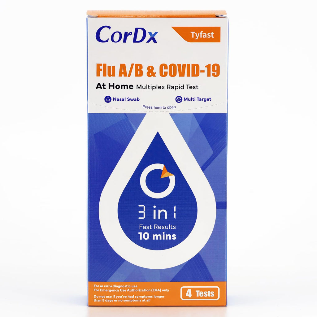 CorDx TyFast Flu A/B & COVID-19 At-Home Multiplex Rapid Test Kit, 3-in-1 Antigen Test, Results in 10 Minutes, EUA Authorized OTC, 4 Tests