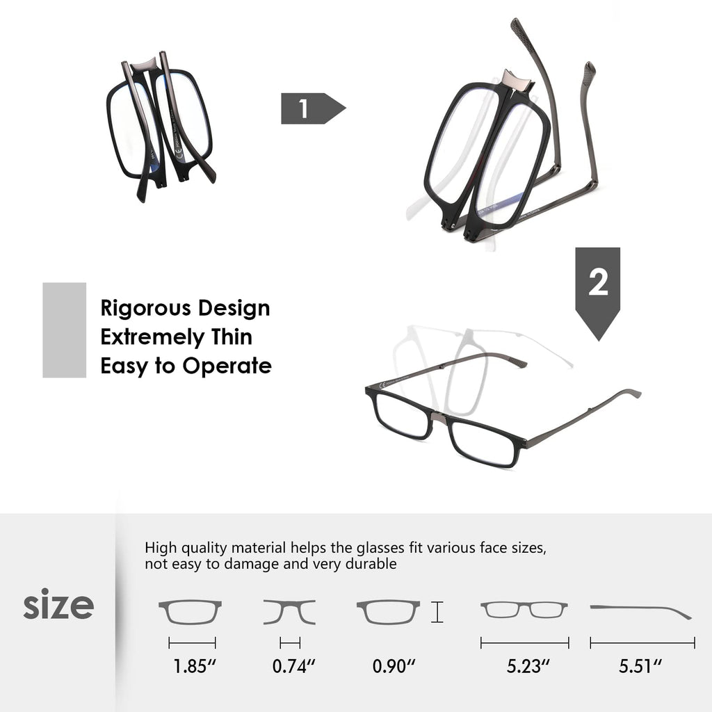 SKYOAK Evolved Folding Reading Glasses For Women Men Blue Light Blocking Anti UV Eyestrain Foldable Portable Compact Readers with Flat Hard Case Pocket Computer glasses 2.0 BLACK