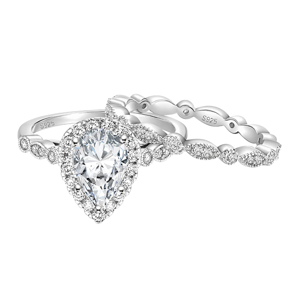 EAMTI 925 Sterling Silver Wedding Ring Set for Women Teardrop Size 7
