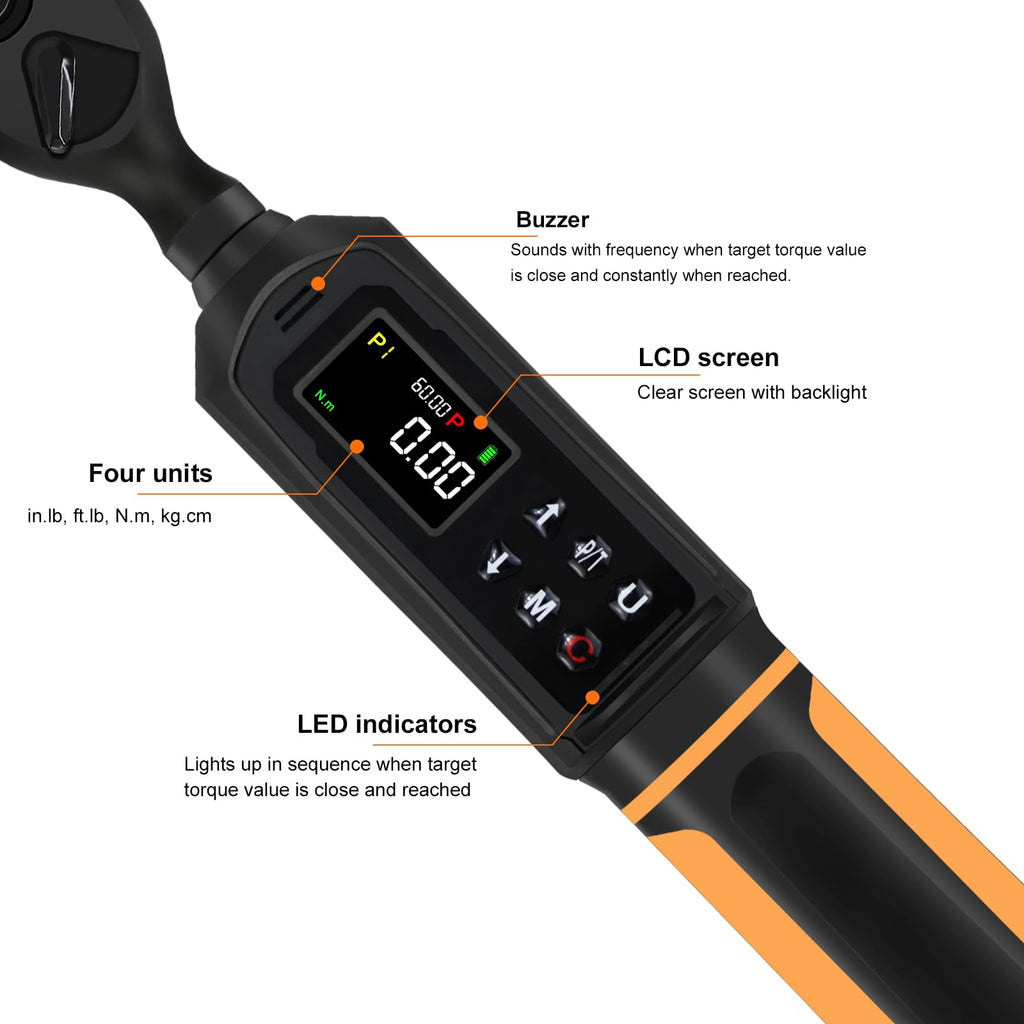 Uharbour Digital Torque Wrench 3/8" Drive, 0.66-44.29Ft.lbs/0.9-60Nm Range, Electric Torque Wrench with Dual Direction Ratchet, ±1% Accuracy with Vibration, Buzzer and LED Alert
