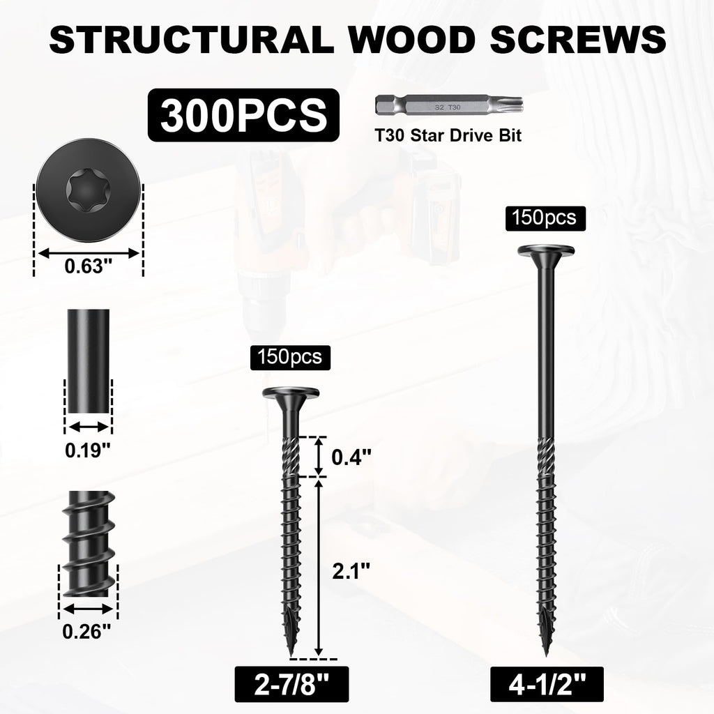 FMhotu Heavy-Duty Outdoor Deck Screws, 300Pcs Star Drive Decking Wood Screws, Rust Resistant Timber Screws for Timber/Log/Landscaping Wood（#14 x 2-7/8",4-1/2"）