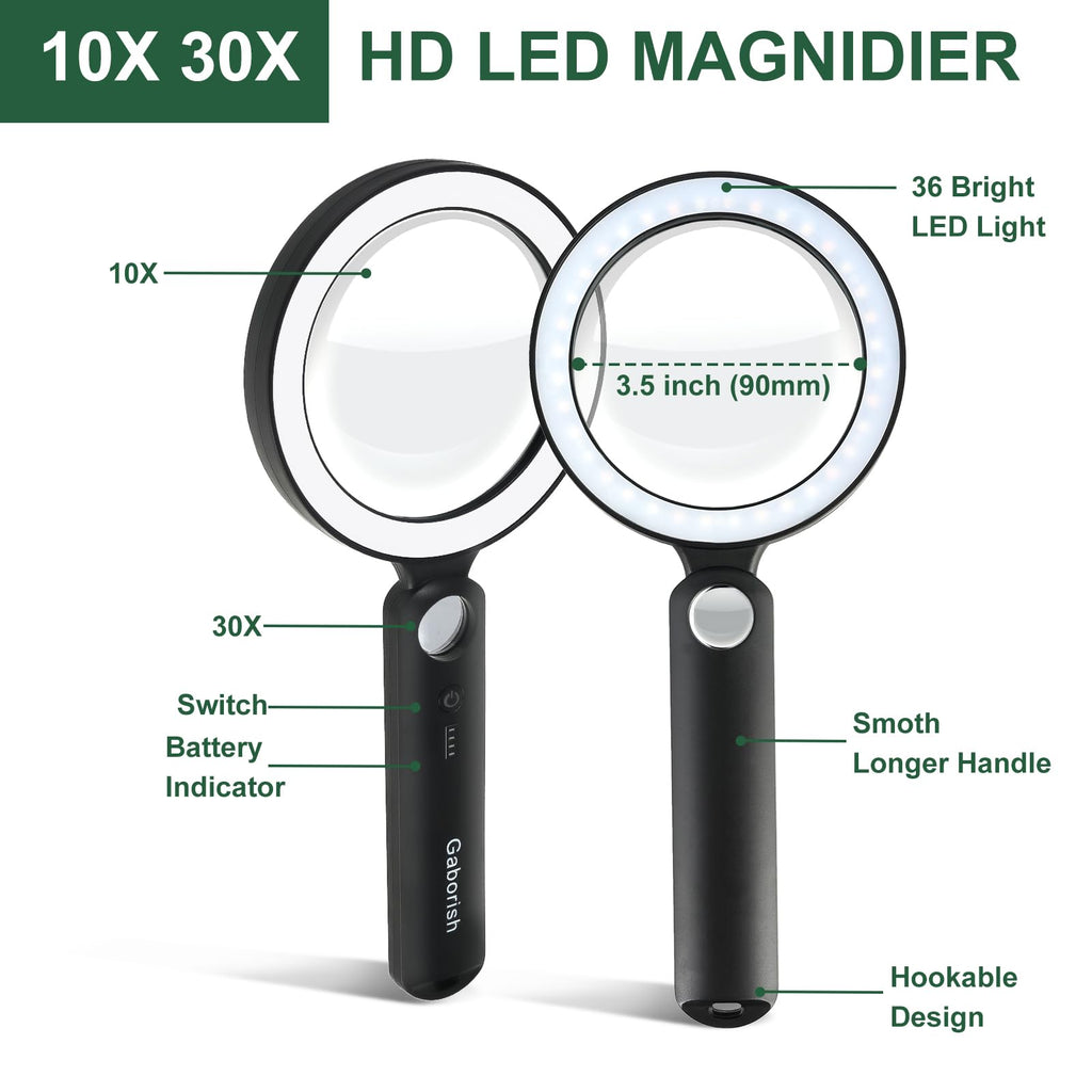 Glass Magnifying Glass with Light Handheld 10X 30X Magnifier with 36 LEDs, 5 Color Modes Rechargeable Lighted Magnifiers, Gift for Senior Reading, Coin, Stamps, Inspection (White & Black)