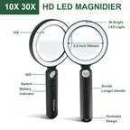Glass Magnifying Glass with Light Handheld 10X 30X Magnifier with 36 LEDs, 5 Color Modes Rechargeable Lighted Magnifiers, Gift for Senior Reading, Coin, Stamps, Inspection (White & Black)
