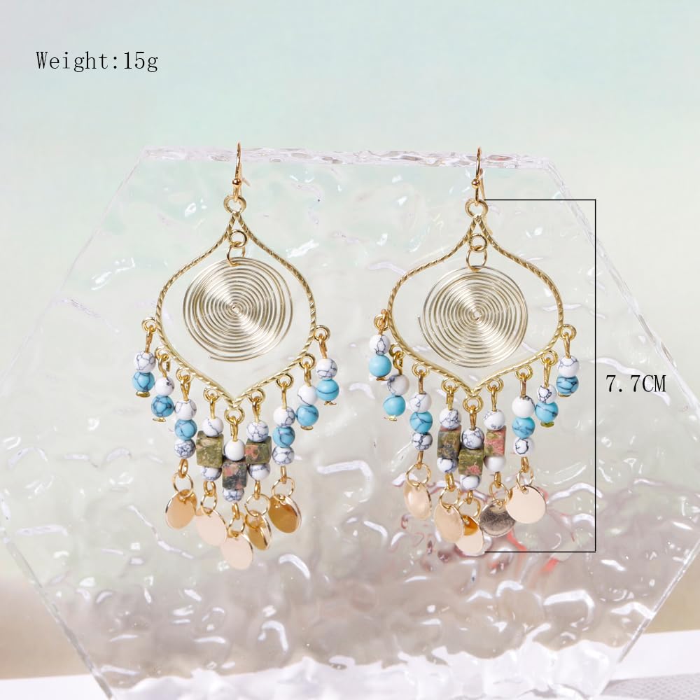 Tan Ran Bohemian Long Tassel Turquoise Water Drop Dangle Earrings