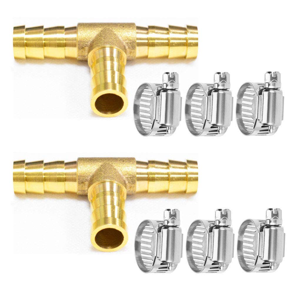 Da by 2 pcs 1/2" (12.5mm) Brass Tee Barb Fittings for 12.5mm ID Hose,6 pcs Stainless Steel Pipe Clamps,3 Way Union Intersection for Water/Fuel/Air(T)