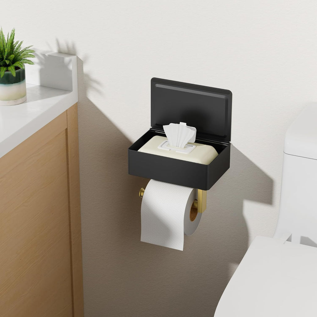 FORIOUS Toilet Paper Holder with Shelf, SUS304 Stainless Steel Wall Mount Toilet Paper Roll Holder, Flushable Wipes Dispenser Fits for Bathroom Wipe Storage, Bathroom Organizer (Black & Gold)
