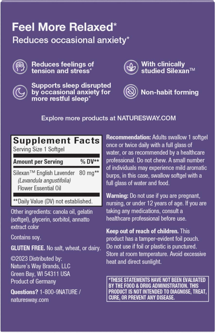 Nature's Way CalmAid Lavender Oil Supplement for Calm & Stress Support*, Clinically Studied Silexan Lavender Oil, Non-Drowsy, Daily Softgels, 30 Count