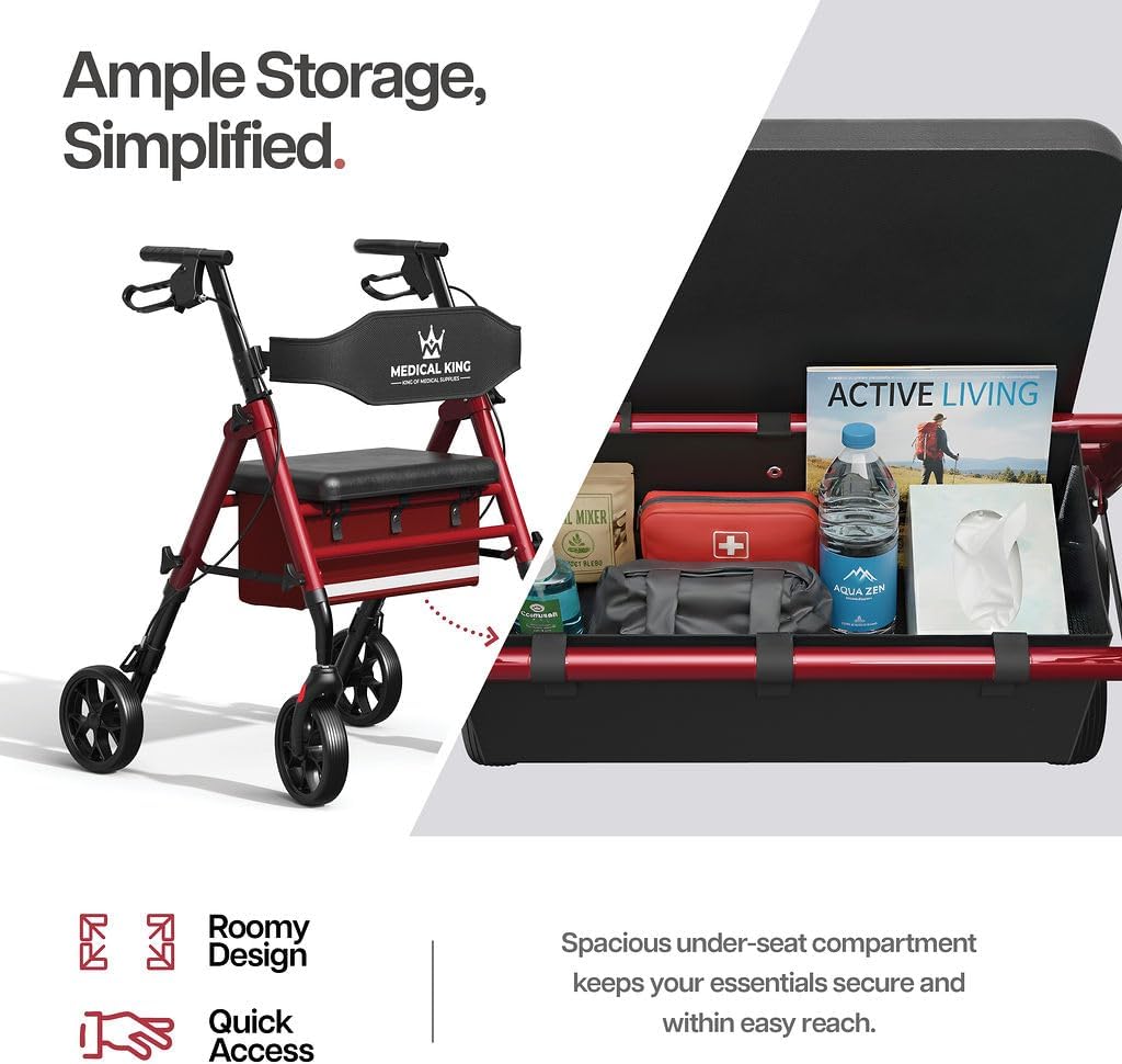 Walkers for Seniors with Seat Foldable Rollator Walker with 8" Wheels, Adjustable Handle Height, Comfortable Seat, 350 lb Capacity, Lightweight Rolling Walker with Storage Pouch - Red