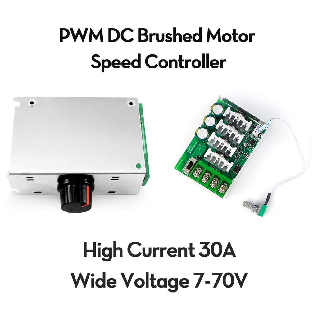 RioRand 7-70V PWM DC Motor Speed Controller 30A - Low Heat Aluminum Housing for Brushed DC Motors, DIY Projects & Small Electric Devices (Extra Fuse Included) 2PCS