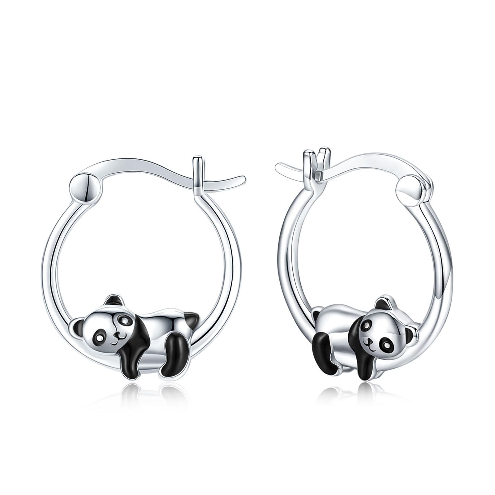 JUSTKIDSTOY Hypoallergenic Panda Hoop Earrings for Women Girls Sterling Silver Small Animal Huggie Hoop Earrings for Sensitive Ears Panda Jewelry Graduation Gifts for Daughter Her
