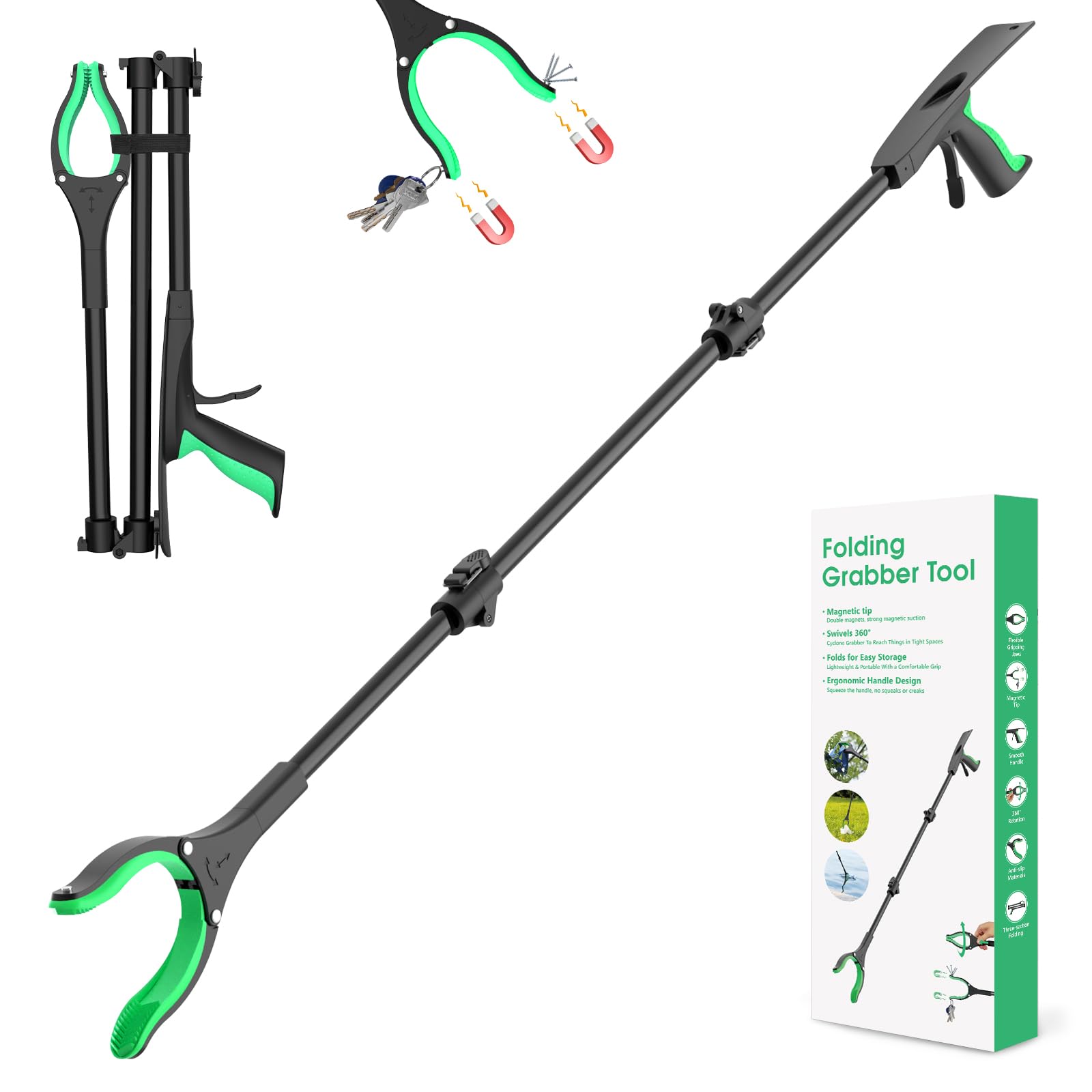 51" Extra Long Grabber Reacher Tool, Foldable Reacher Grabber Pickup Tool with Magnetic Tip & 360° Rotating Anti-Slip Claw, Extension Grabber for Seniors, Indoor and Outdoor Trash Picker