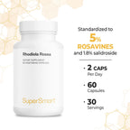 Supersmart Rhodiola Rosea 600mg per Day (Patented & High Strength) - Rhodiolife Rhodiola Supplement - Wild-Crafted - Rosavins 5%, Salidroside 1.8% | Non-GMO & Gluten Free - 60 Vegetarian Capsules
