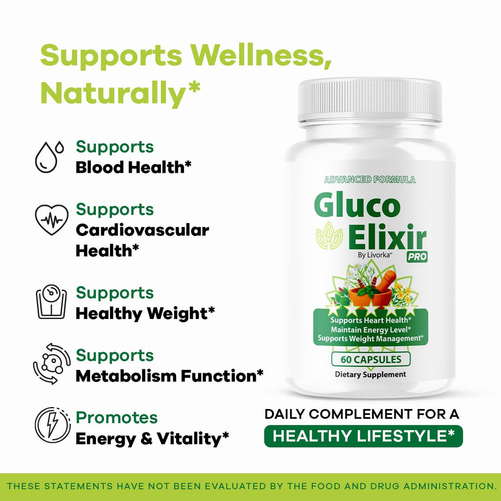 GlucoElixir Pro Capsules - Official GlucoElixir Pro Blood Health Support Advanced Formula Pills - Maximum Strength, Natural Vitamins for Overall Health & Wellness, 60 Capsules for 1 Month