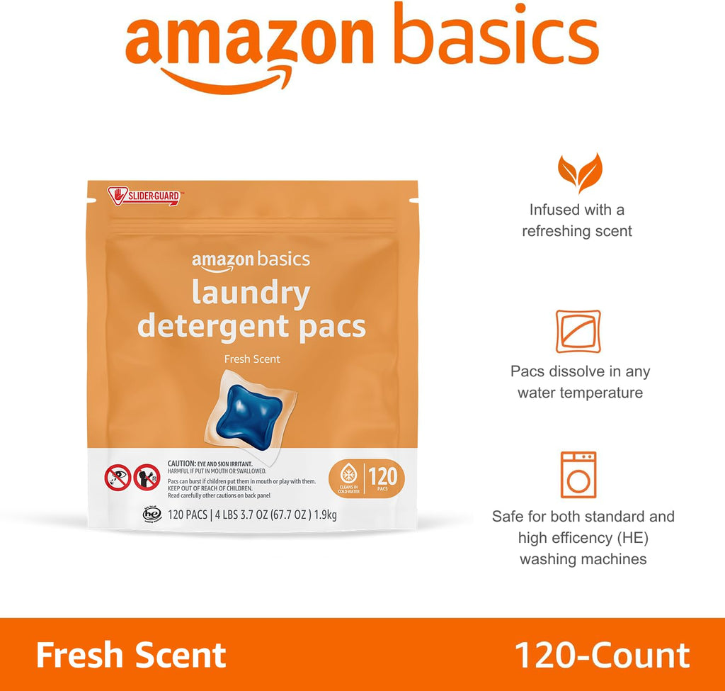Amazon Basics Laundry Detergent Pacs, Fresh Scent, HE Compatible, Dissolves in Cold Water, 120 Count