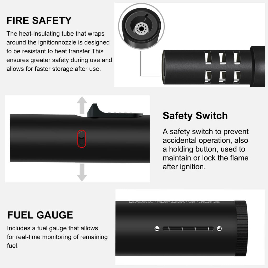 Camping Lighter, Torch Lighter, Windproof Jet Flame Butane Refillable Adjustable Flame with Safety Lock&Fule Guage for Campfires Kitchen Hiking Candles Fireplace BBQ Outdoor Camping Essentials(Black)