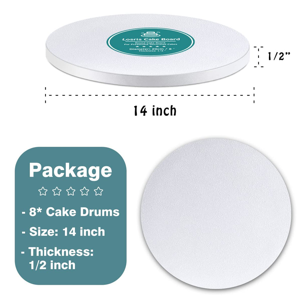 White Cake Drums Round 14 Inch Cake Boards with 1/2-Inch Thick Smooth Edges for Multi Tiered Birthday Wedding Party Cakes Drum Board