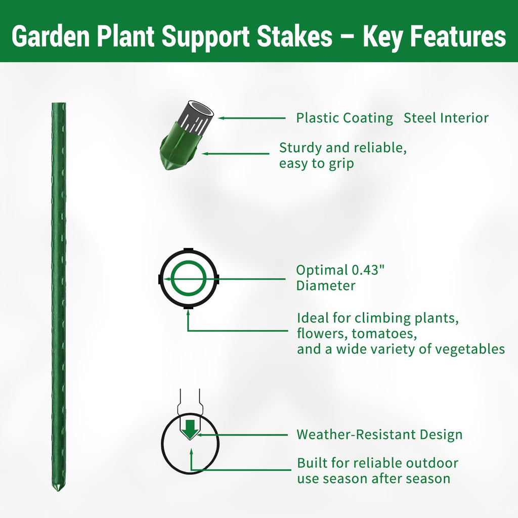 25 Pack Garden Stakes 4FT (48 Inch), Heavy Duty Steel Tomato Stakes with Plastic Coating, Plant Support Stakes for Outdoor Climbing Plants, Vegetables, Beans, Potted Plants & Garden Use