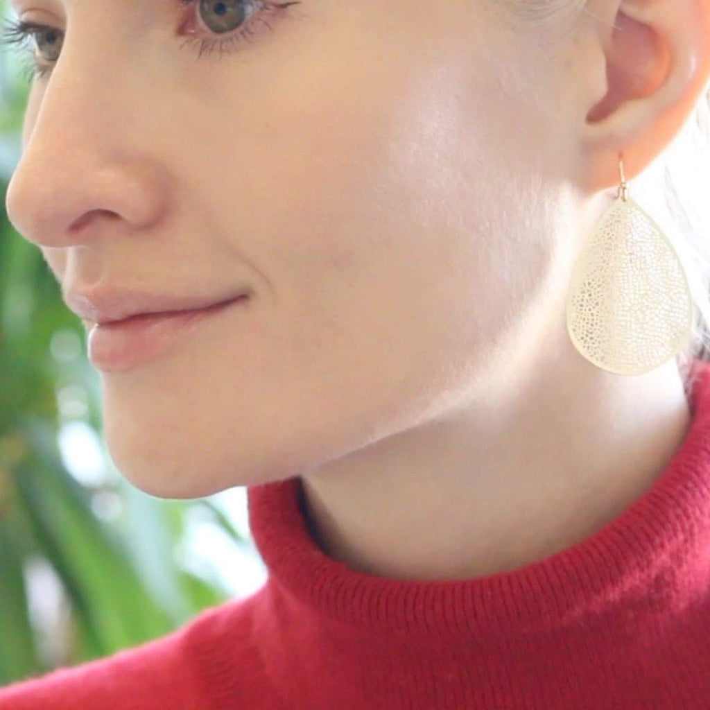 Gold Tone Teardrop Earrings for Women - Boho Simple Filigree Leaf Dangles