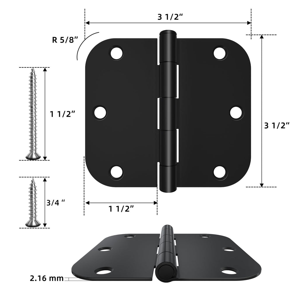 HOSOM 30 Pack Rounded Matte Black Door Hinges 3.5 x 3.5 inch with 5/8 Radius, Black 3 1/2 Interior Door Hinges, 3 ½"x 3 ½" Hardware