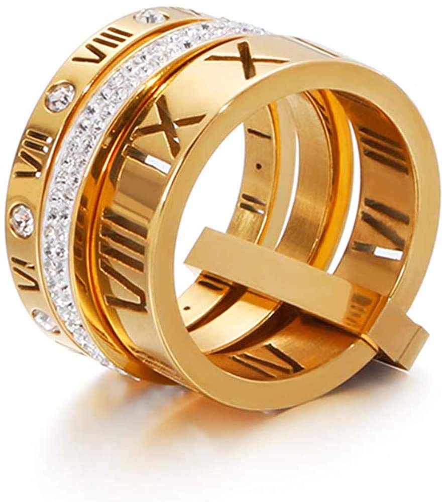 Jarlinwel Stainless Steel CZ Zirconia Roman Numeral Ring For Women Stacking Thumb 3 in 1 Spinner Rings (Gold, 8 Runs small)