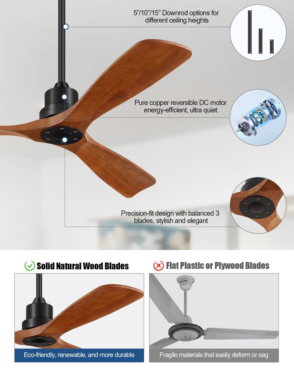 Forrovenco Ceiling Fans With Remote Control, Outdoor Ceiling Fan for Patios Indoor, 3 Downrods, 3 Blades, Timer, 6 Speed Reversible Quiet DC Motor Modern Fan Solid Wood Fan, 52in, Brown