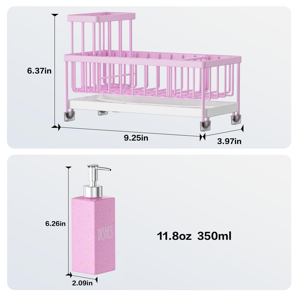 Cisily Kitchen Soap Dispenser Set with Sink Caddy, Glass Bottle, Hand and Dish Soap Dispenser Set with Sponge Holder (Pink Bottles + Pink Sponge Holder)