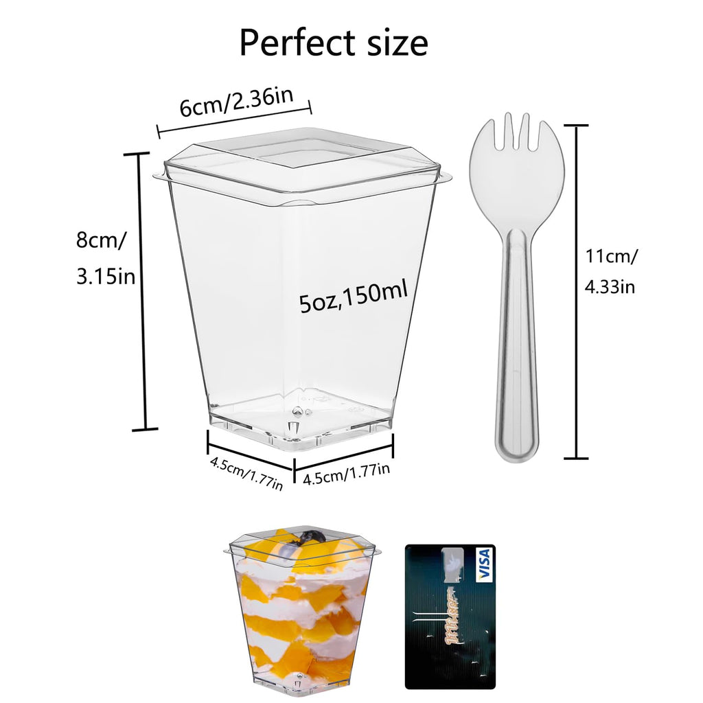 Toowood 300 Pack 100 Set Clear Dessert Cups with Lids and Spoons, 5.4oz Mini Dessert Cups Reusable Square Parfait Cup for Party Appertizer, Christmas