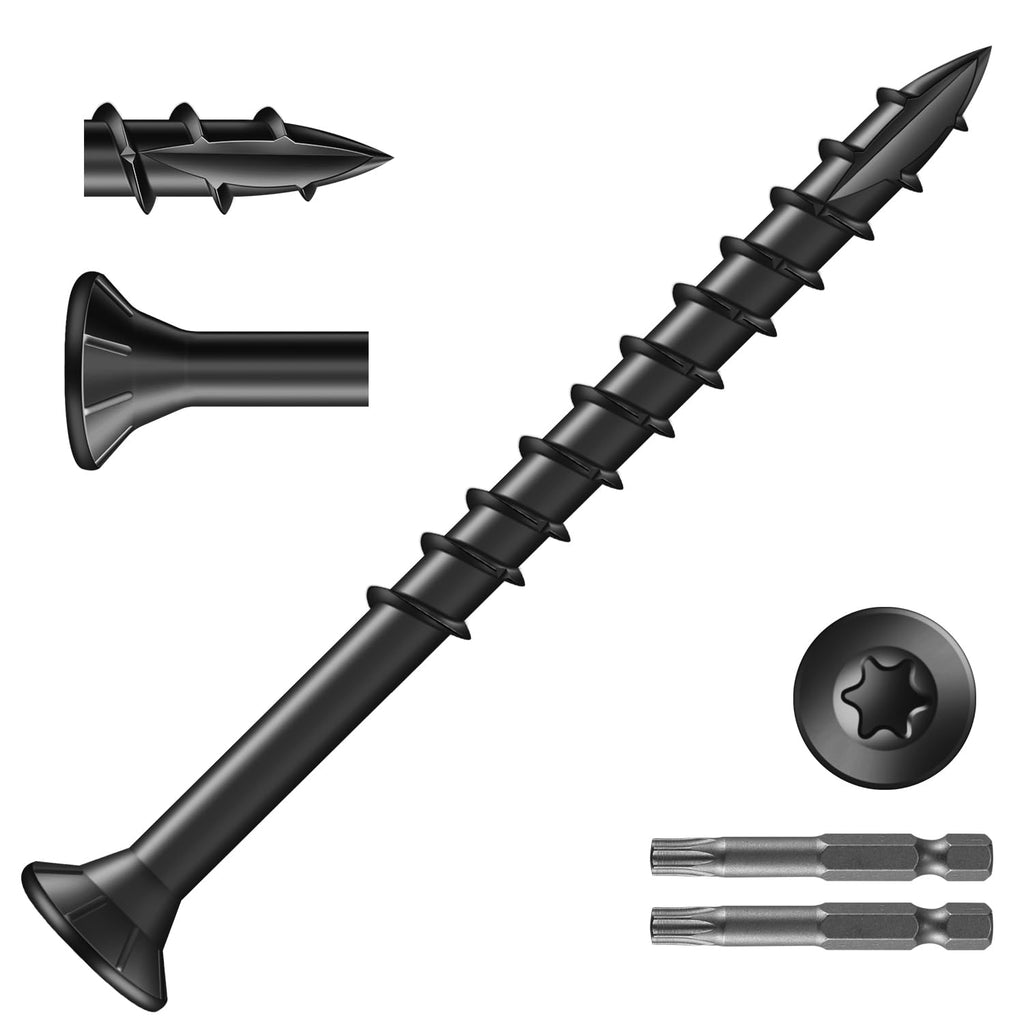 SG TZH #10 x 2-1/2" Deck Screws (316Pcs) 4lb. Exterior Wood Screws. Carbon Steel, Black, Flat Head, Rust Resistant epoxy Coated, with T25 Star Bit